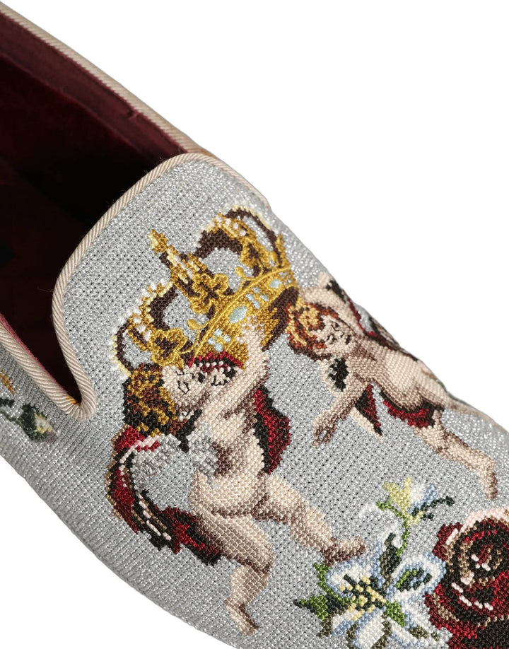 Dolce &amp; Gabbana Sample Sale | Dolce &amp; Gabbana Gray Crown Rose Angel Embroidery Loafer Shoes - | Designer outlet