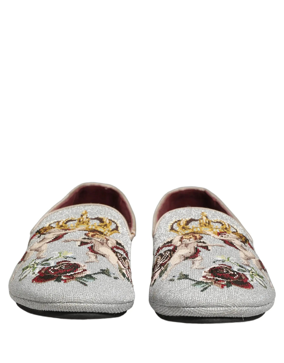 Dolce &amp; Gabbana Gray Crown Rose Angel Embroidery Loafer Shoes