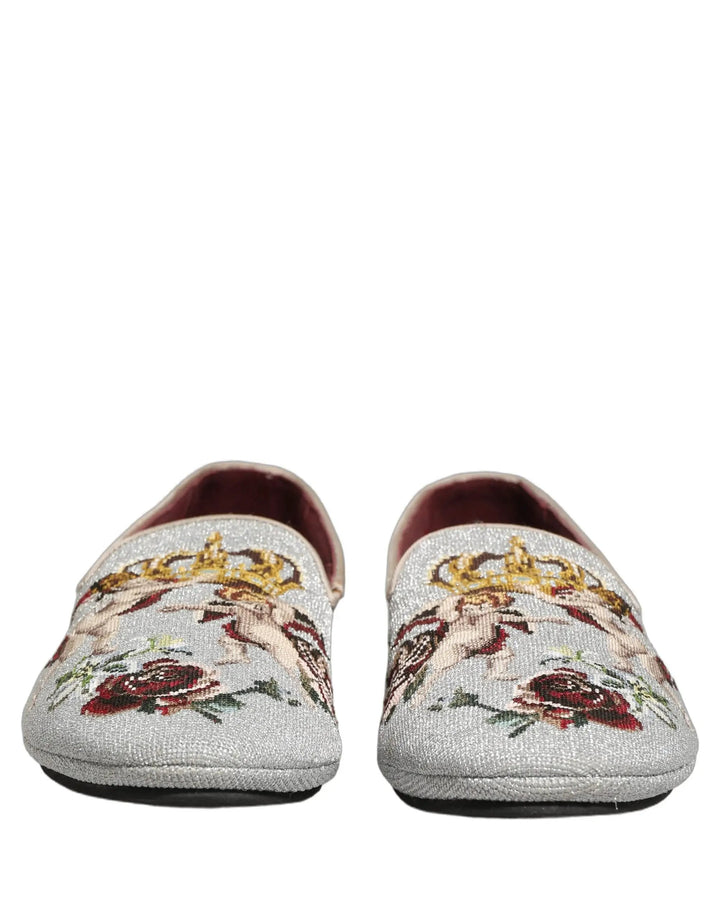 Dolce &amp; Gabbana Gray Crown Rose Angel Embroidery Loafer Shoes