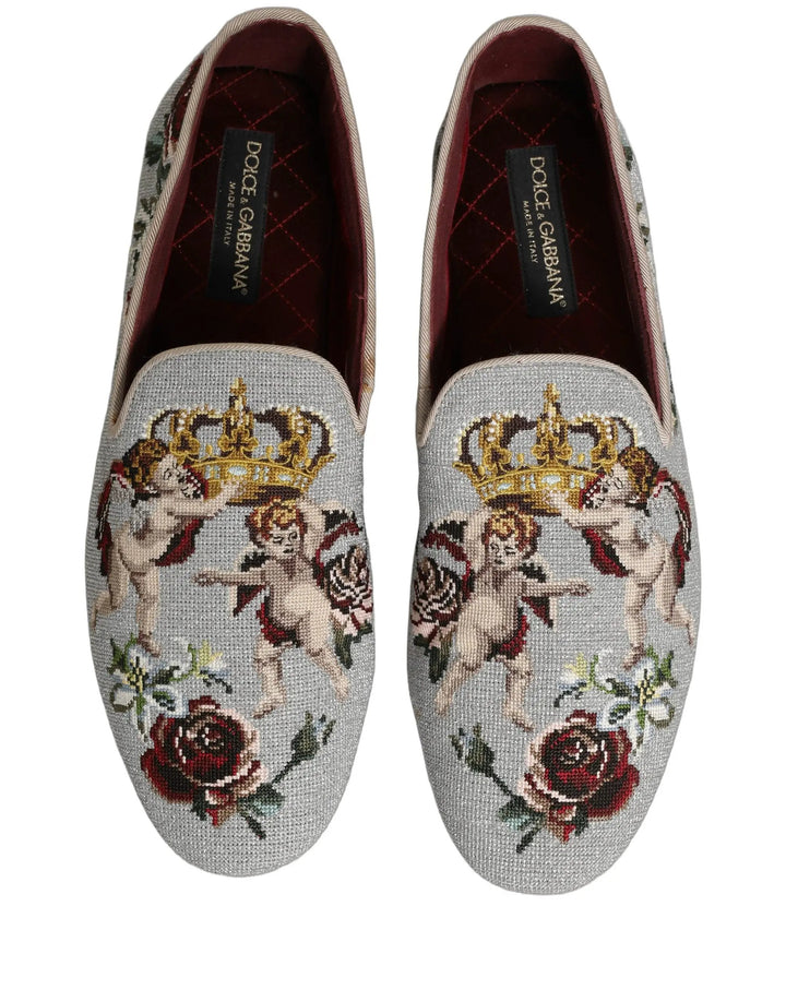 Dolce &amp; Gabbana Gray Crown Rose Angel Embroidery Loafer Shoes