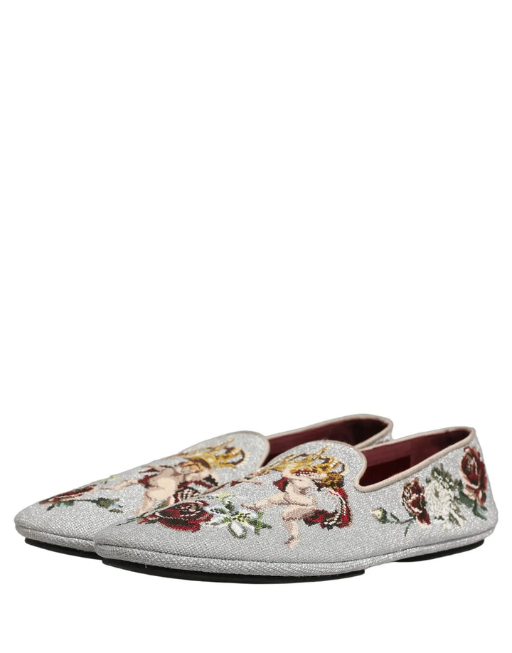 Dolce &amp; Gabbana Gray Crown Rose Angel Embroidery Loafer Shoes