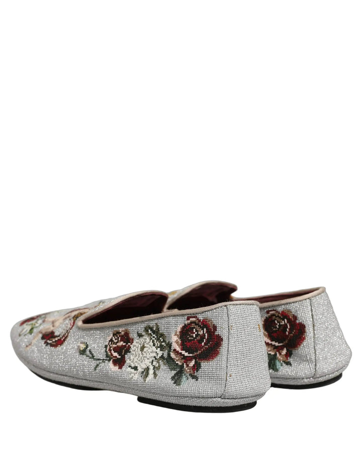 Dolce &amp; Gabbana Gray Crown Rose Angel Embroidery Loafer Shoes