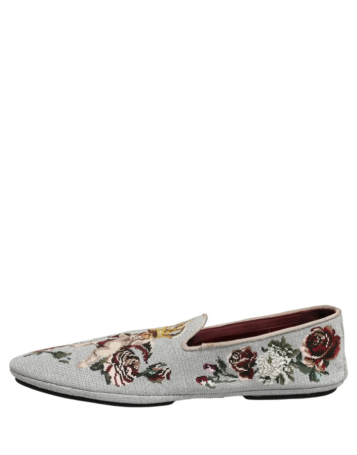 Dolce &amp; Gabbana Gray Crown Rose Angel Embroidery Loafer Shoes