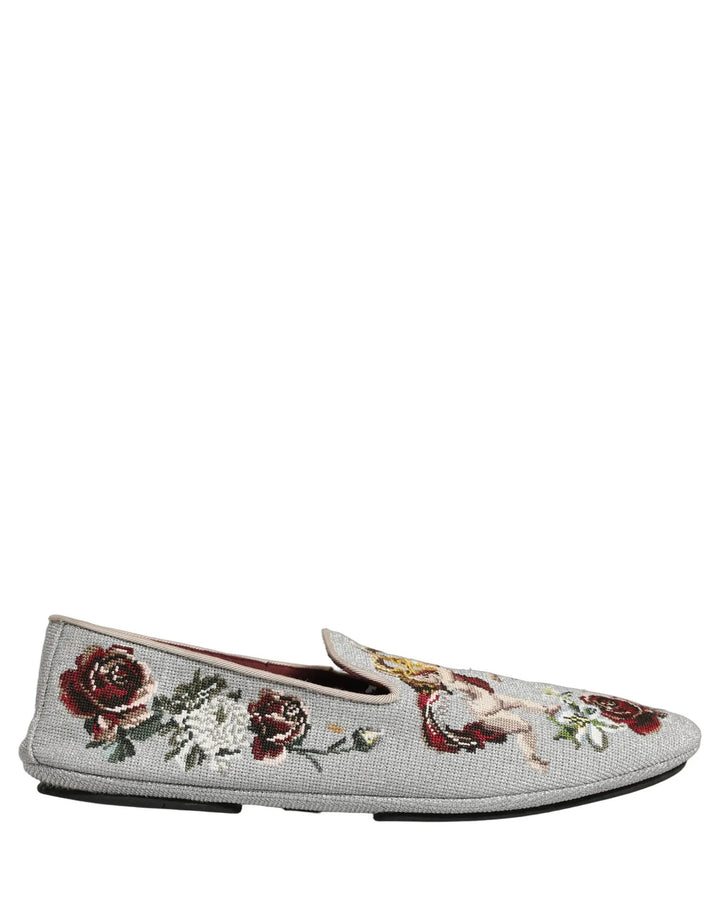 Dolce &amp; Gabbana Sample Sale | Dolce &amp; Gabbana Gray Crown Rose Angel Embroidery Loafer Shoes - | Designer outlet