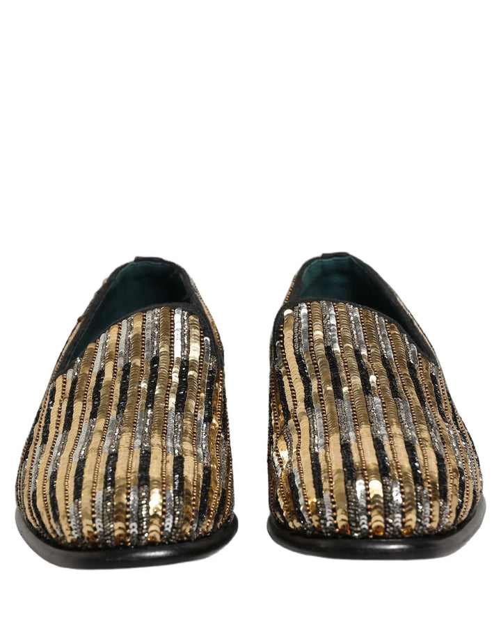 Dolce &amp; Gabbana Gold Striped Sequin Embellished Loafer Shoes