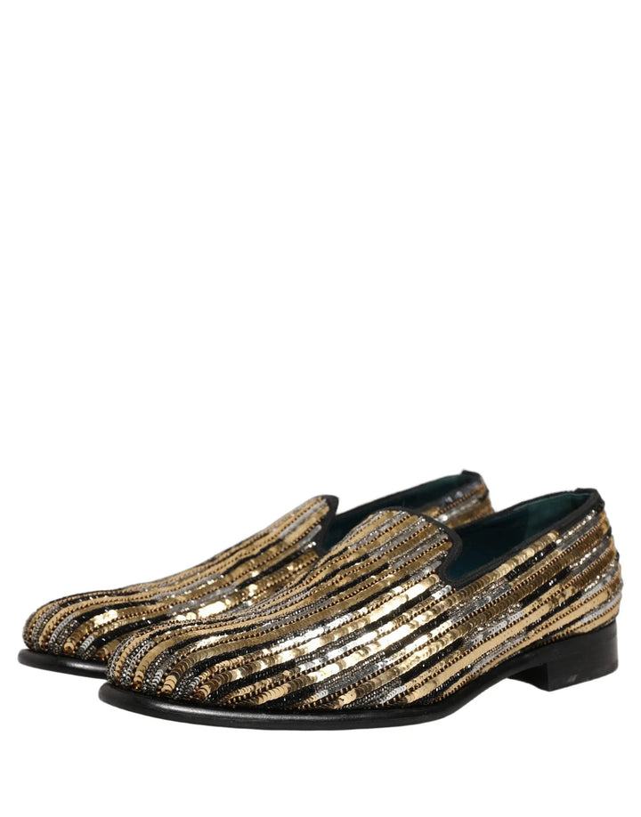 Dolce &amp; Gabbana Gold Striped Sequin Embellished Loafer Shoes