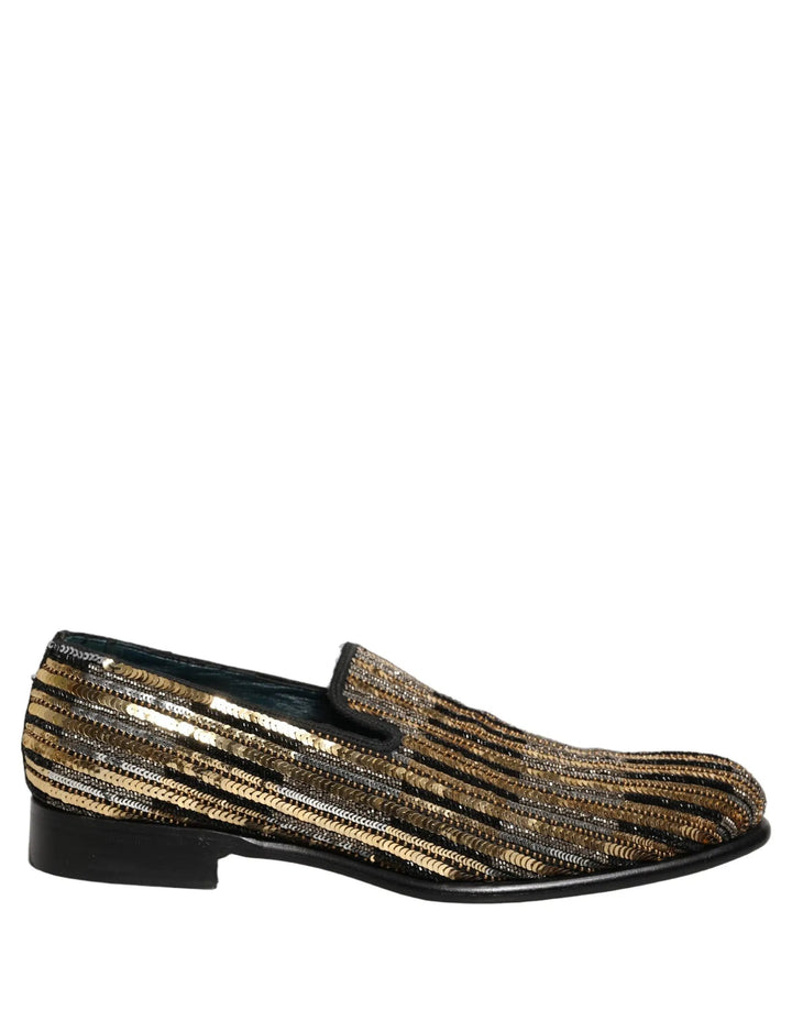 Dolce &amp; Gabbana Gold Striped Sequin Embellished Loafer Shoes