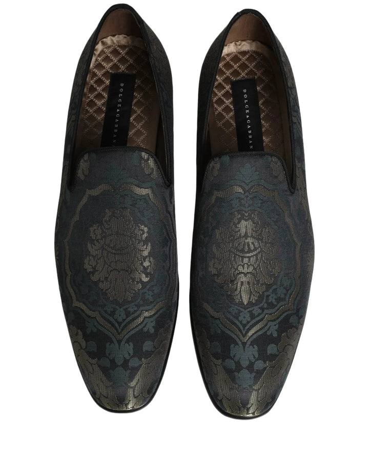 Dolce &amp; Gabbana Black Floral Brocade Slip On Loafers Shoes