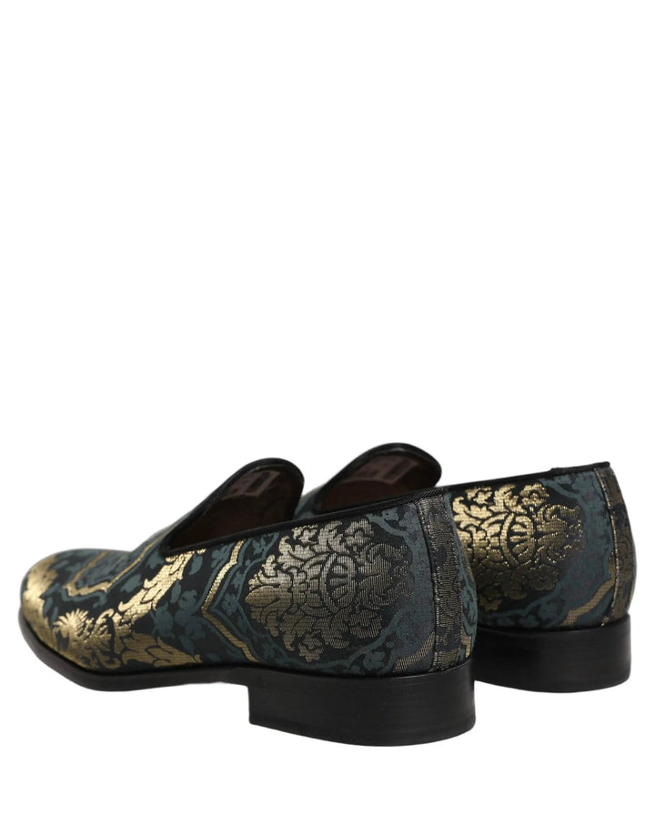 Dolce &amp; Gabbana Black Floral Brocade Slip On Loafers Shoes