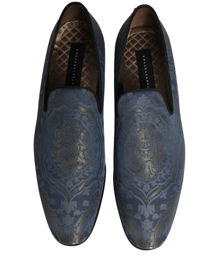 Dolce &amp; Gabbana Blue Floral Brocade Slip On Loafers Shoes
