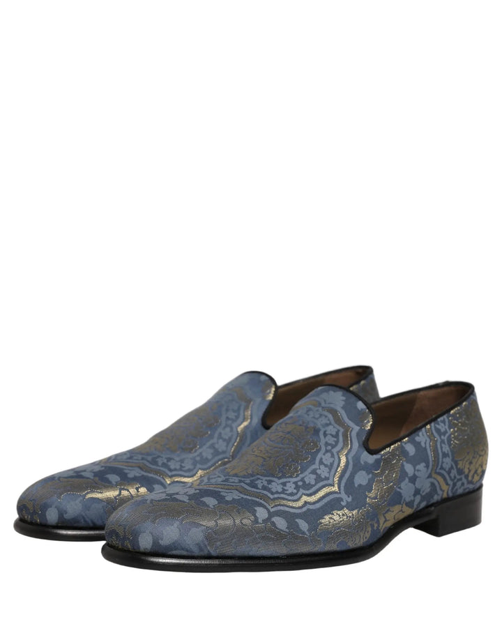 Dolce &amp; Gabbana Blue Floral Brocade Slip On Loafers Shoes