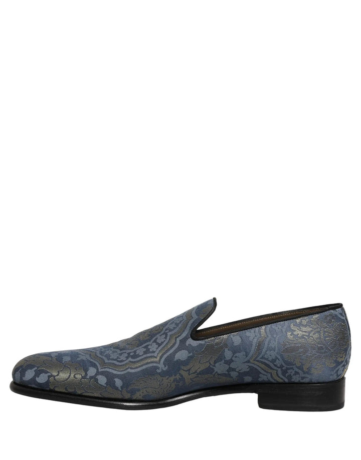 Dolce &amp; Gabbana Blue Floral Brocade Slip On Loafers Shoes