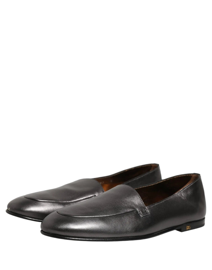 Dolce &amp; Gabbana Silver Leather DG Logo Slip On Loafers Shoes