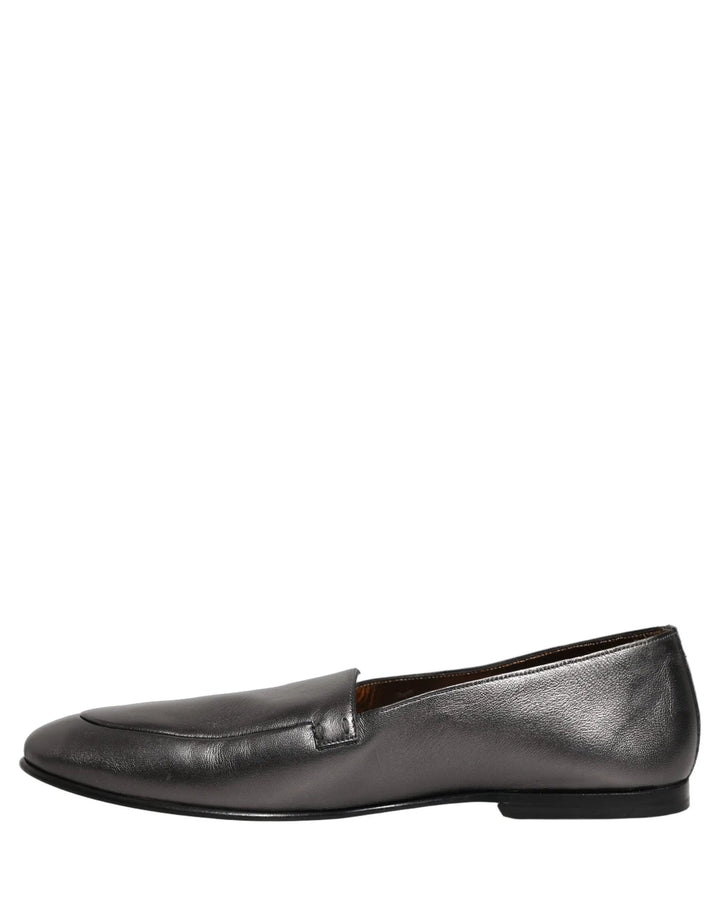 Dolce &amp; Gabbana Silver Leather DG Logo Slip On Loafers Shoes