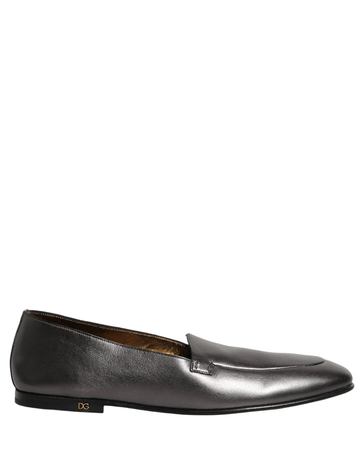 Dolce &amp; Gabbana Silver Leather DG Logo Slip On Loafers Shoes