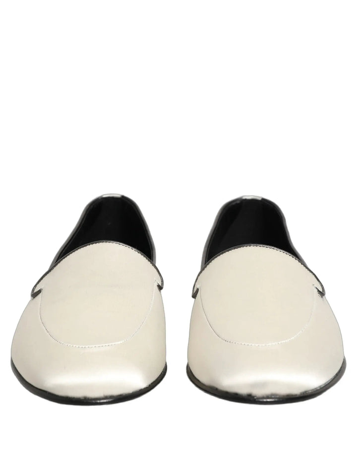 Dolce &amp; Gabbana White Satin Logo Slip On Flats Loafers Shoes