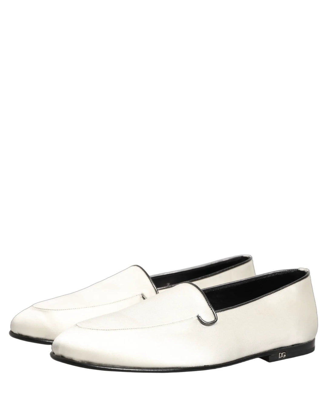 Dolce &amp; Gabbana White Satin Logo Slip On Flats Loafers Shoes