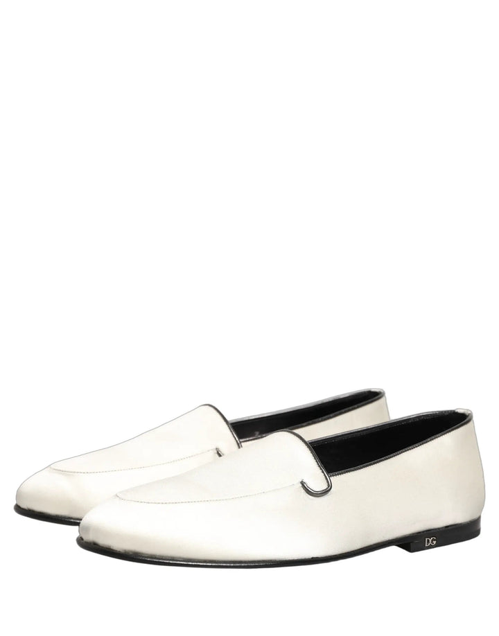 Dolce &amp; Gabbana White Satin Logo Slip On Flats Loafers Shoes