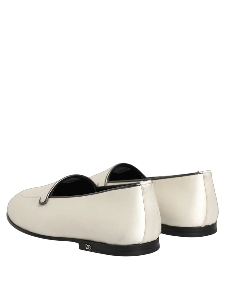 Dolce &amp; Gabbana White Satin Logo Slip On Flats Loafers Shoes