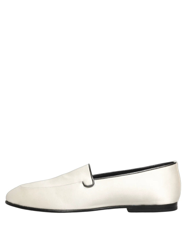 Dolce &amp; Gabbana White Satin Logo Slip On Flats Loafers Shoes