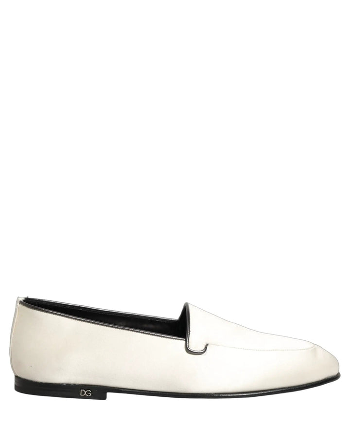 Dolce &amp; Gabbana White Satin Logo Slip On Flats Loafers Shoes