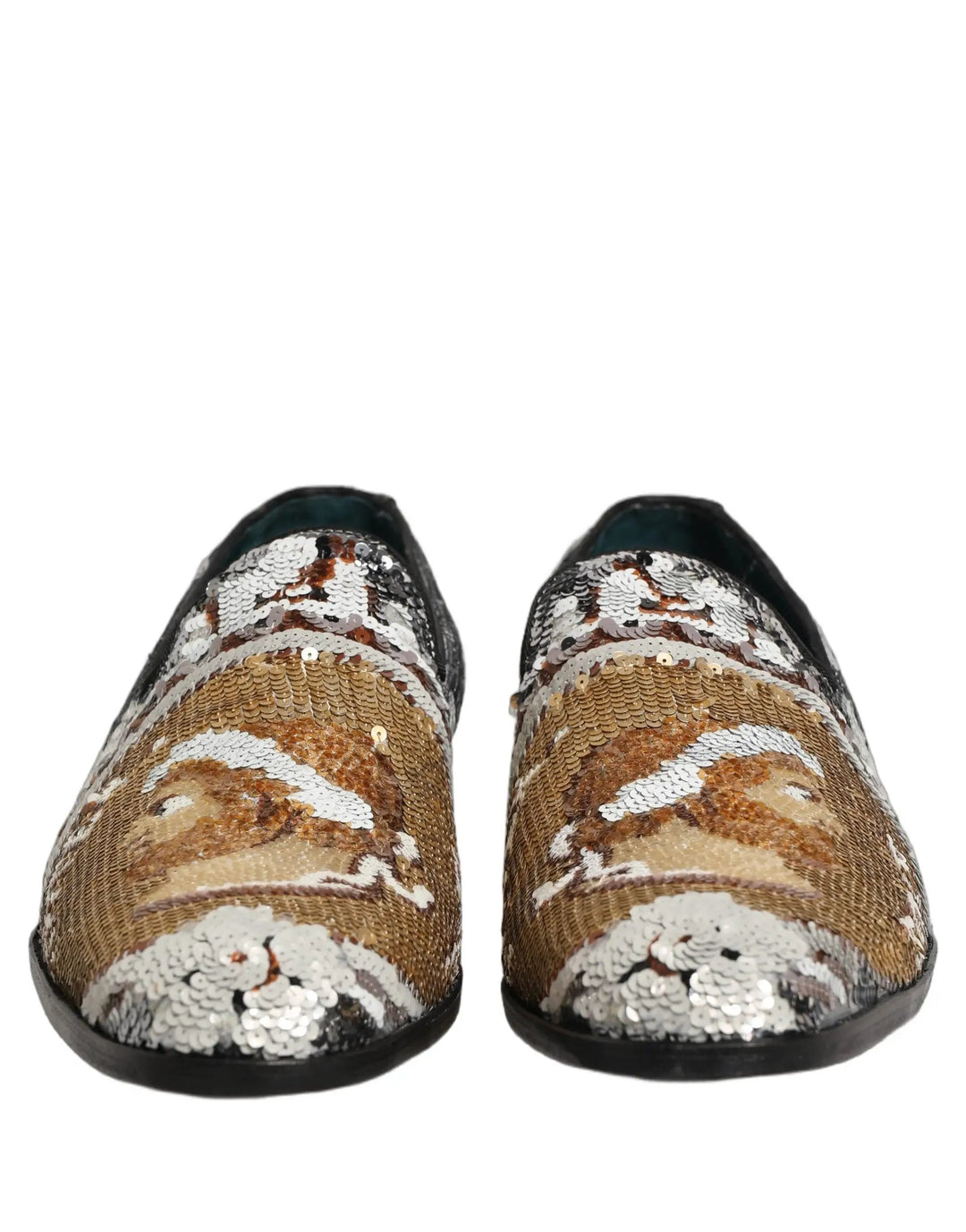 Dolce &amp; Gabbana White Gold Sequined Slip On Loafers Shoes