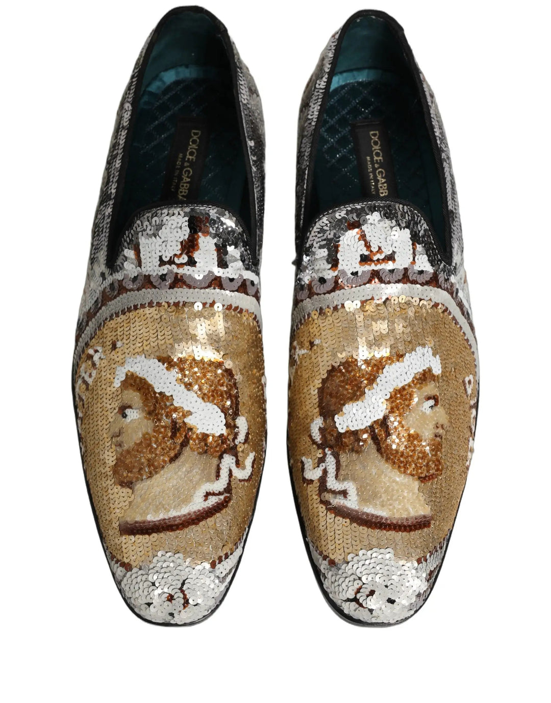 Dolce &amp; Gabbana White Gold Sequined Slip On Loafers Shoes