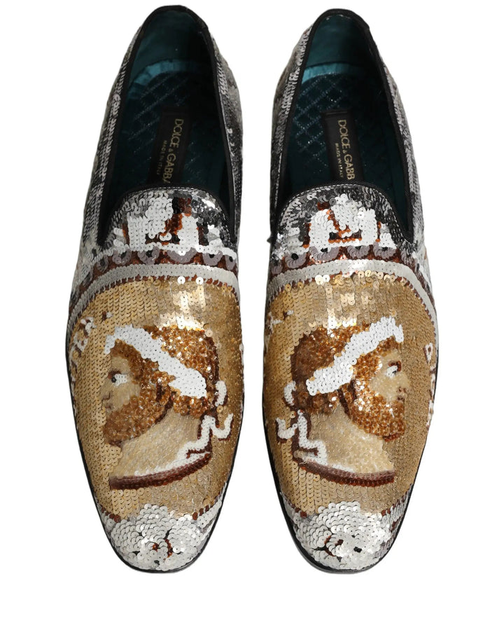 Dolce &amp; Gabbana White Gold Sequined Slip On Loafers Shoes