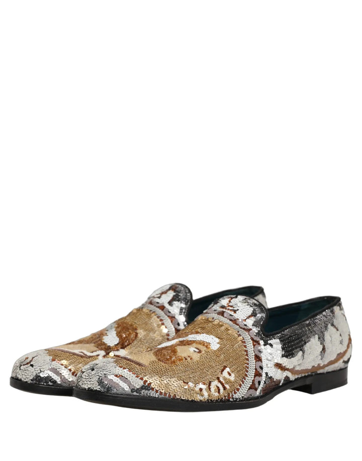 Dolce &amp; Gabbana White Gold Sequined Slip On Loafers Shoes