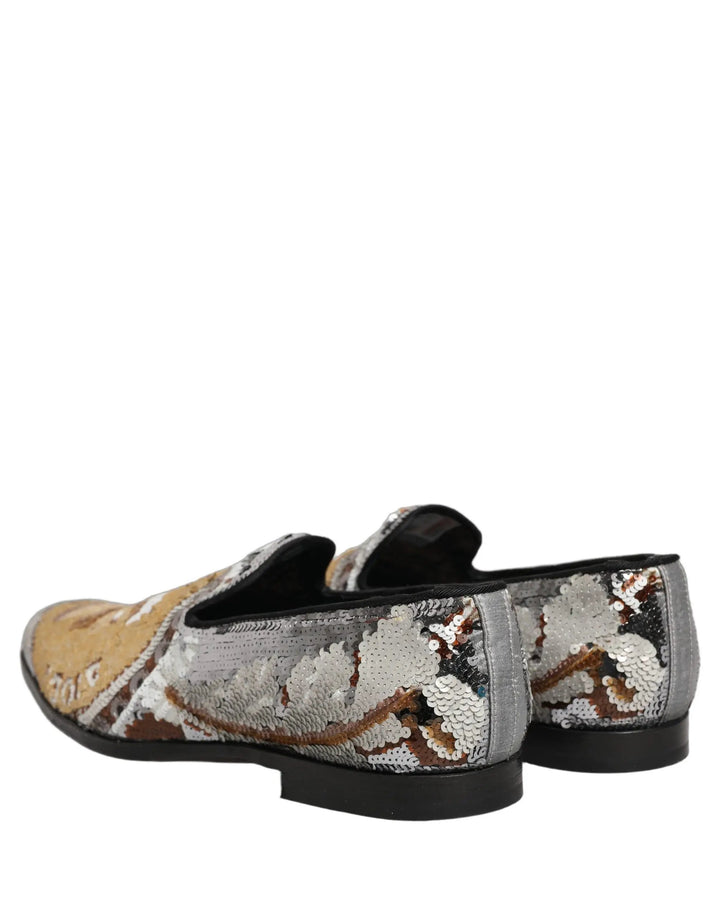 Dolce &amp; Gabbana White Gold Sequined Slip On Loafers Shoes