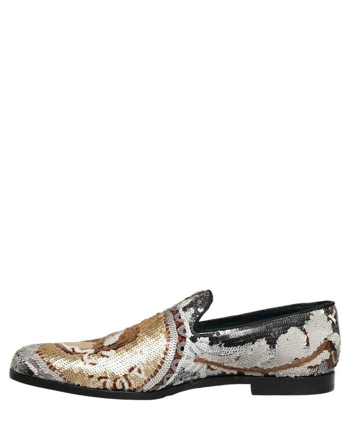 Dolce &amp; Gabbana White Gold Sequined Slip On Loafers Shoes
