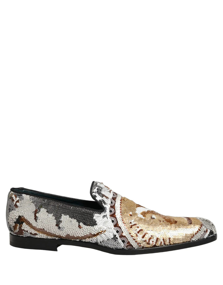 Dolce &amp; Gabbana White Gold Sequined Slip On Loafers Shoes