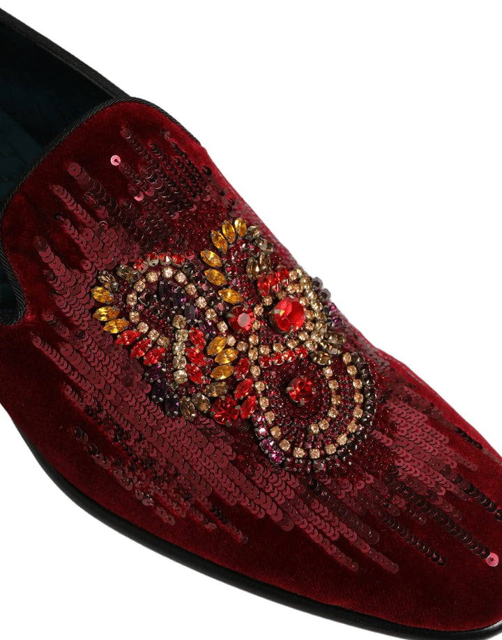 Dolce &amp; Gabbana Maroon Sequin Gemstone Dress Loafers Shoes