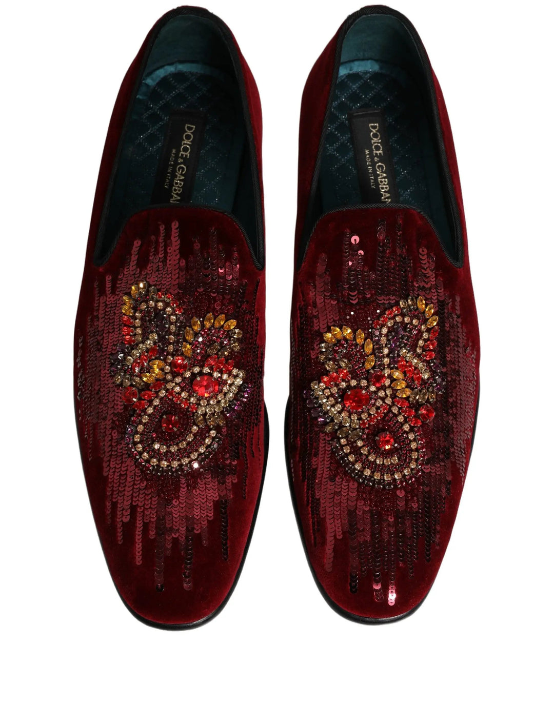 Dolce &amp; Gabbana Maroon Sequin Gemstone Dress Loafers Shoes