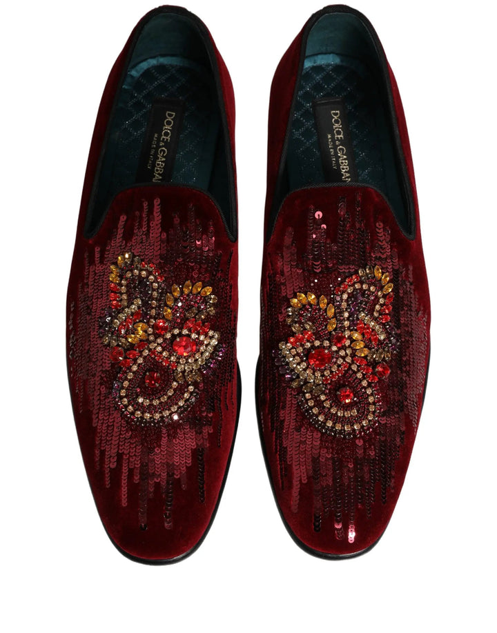 Dolce &amp; Gabbana Maroon Sequin Gemstone Dress Loafers Shoes