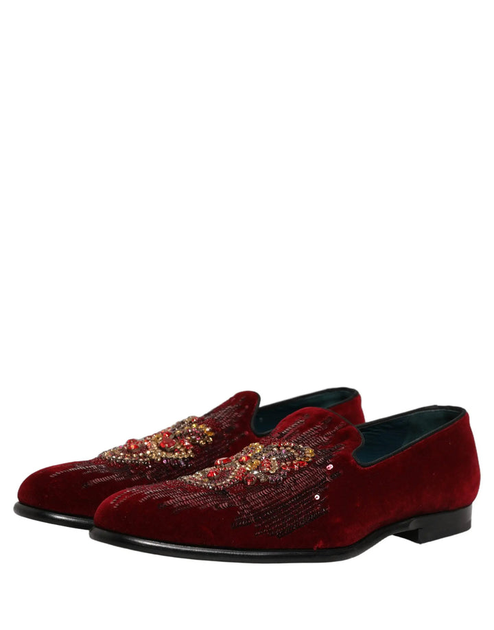 Dolce &amp; Gabbana Maroon Sequin Gemstone Dress Loafers Shoes
