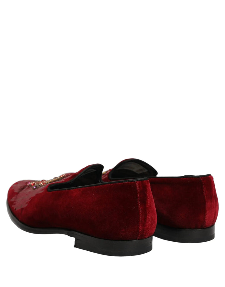 Dolce &amp; Gabbana Maroon Sequin Gemstone Dress Loafers Shoes