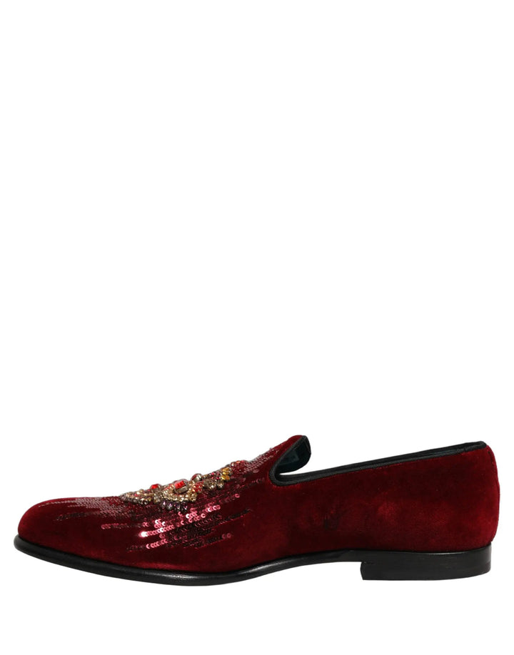 Dolce &amp; Gabbana Maroon Sequin Gemstone Dress Loafers Shoes