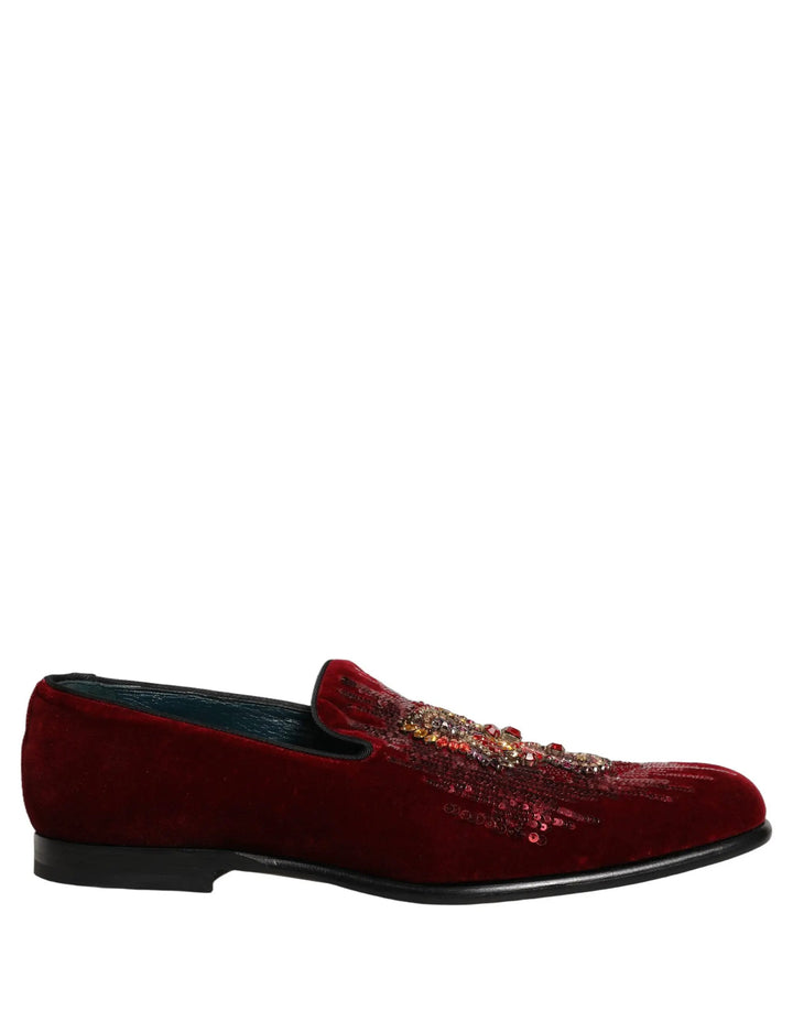 Dolce &amp; Gabbana Maroon Sequin Gemstone Dress Loafers Shoes