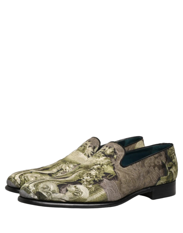 Dolce &amp; Gabbana Brown Baroque Print Slip On Loafers Shoes
