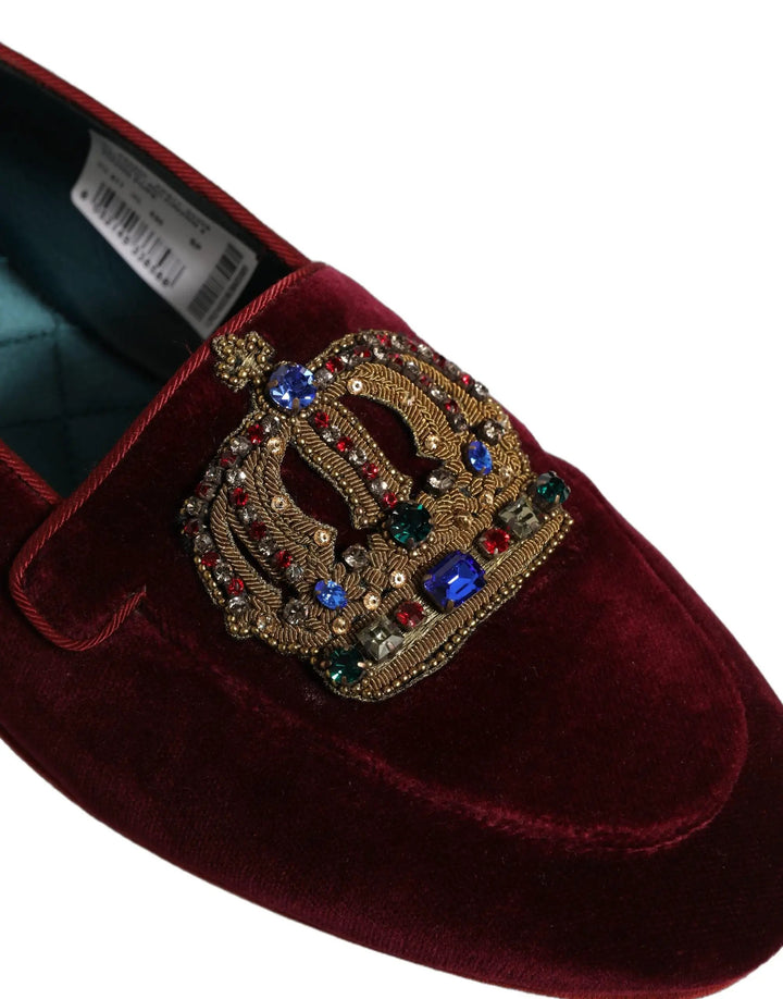 Dolce &amp; Gabbana Burgundy Velvet Crown Slip On Loafers Shoes