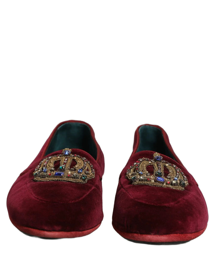 Dolce &amp; Gabbana Burgundy Velvet Crown Slip On Loafers Shoes