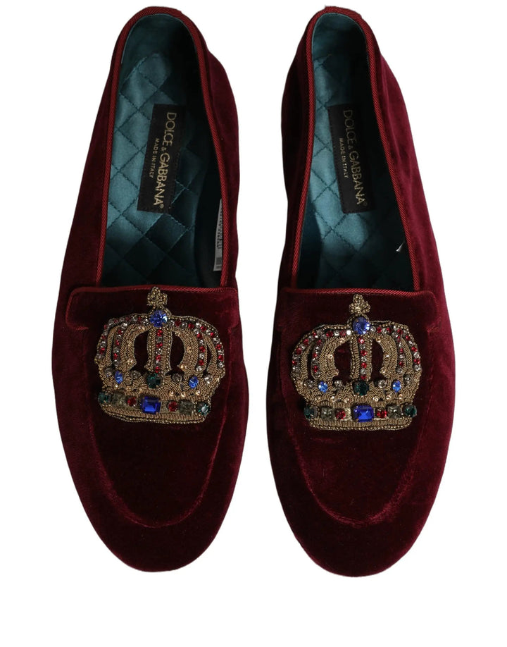 Dolce &amp; Gabbana Burgundy Velvet Crown Slip On Loafers Shoes