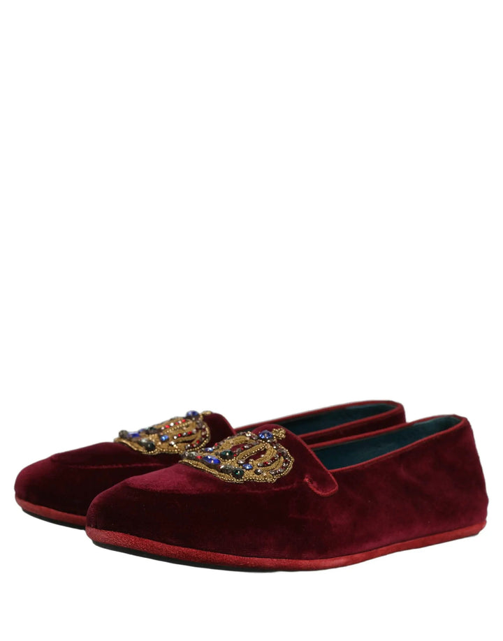 Dolce &amp; Gabbana Burgundy Velvet Crown Slip On Loafers Shoes
