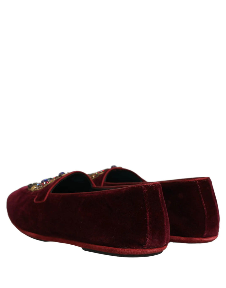 Dolce &amp; Gabbana Burgundy Velvet Crown Slip On Loafers Shoes