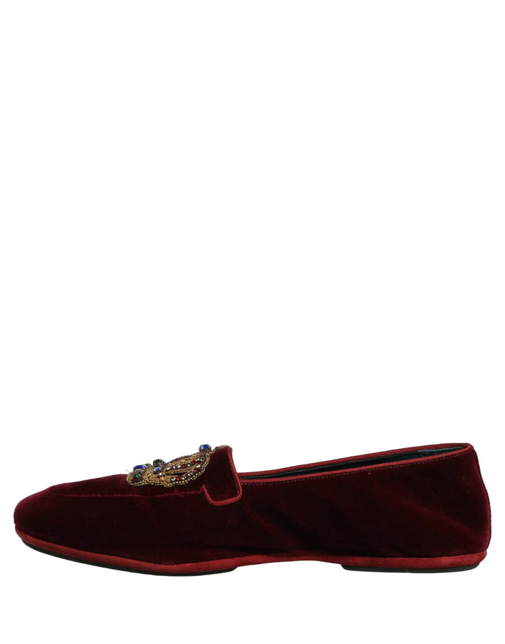 Dolce &amp; Gabbana Burgundy Velvet Crown Slip On Loafers Shoes