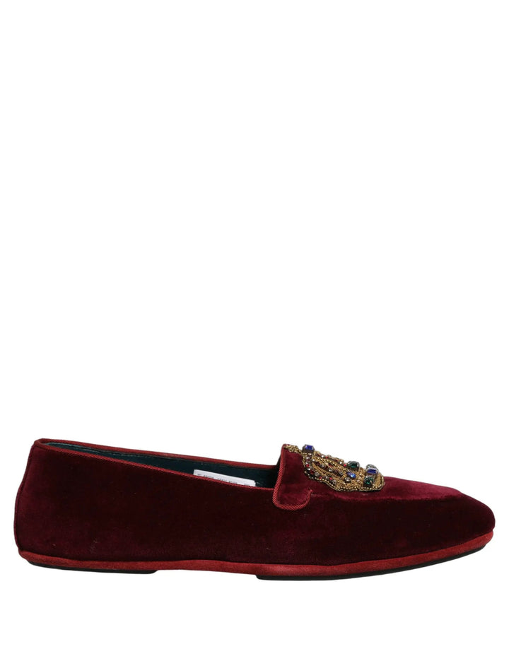 Dolce &amp; Gabbana Burgundy Velvet Crown Slip On Loafers Shoes