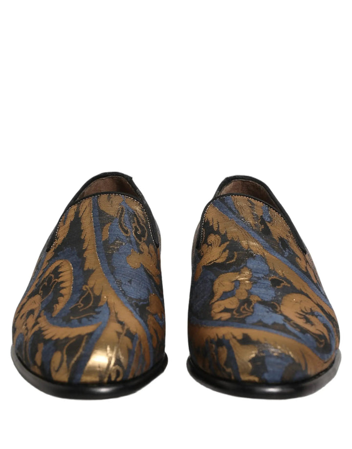 Dolce &amp; Gabbana Blue Brocade Slip On Men Dress Loafers Shoes