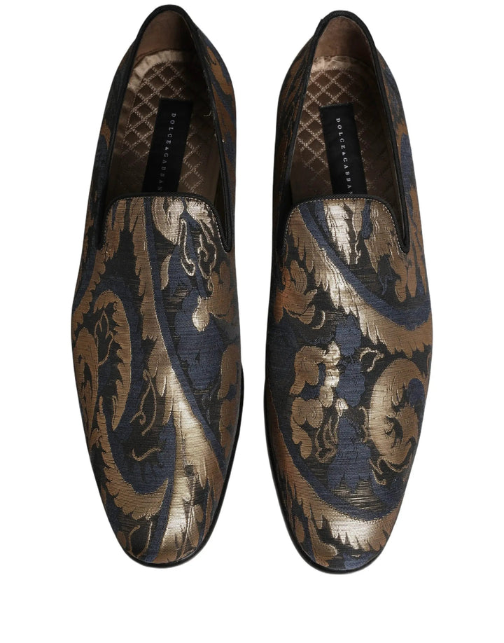Dolce &amp; Gabbana Blue Brocade Slip On Men Dress Loafers Shoes
