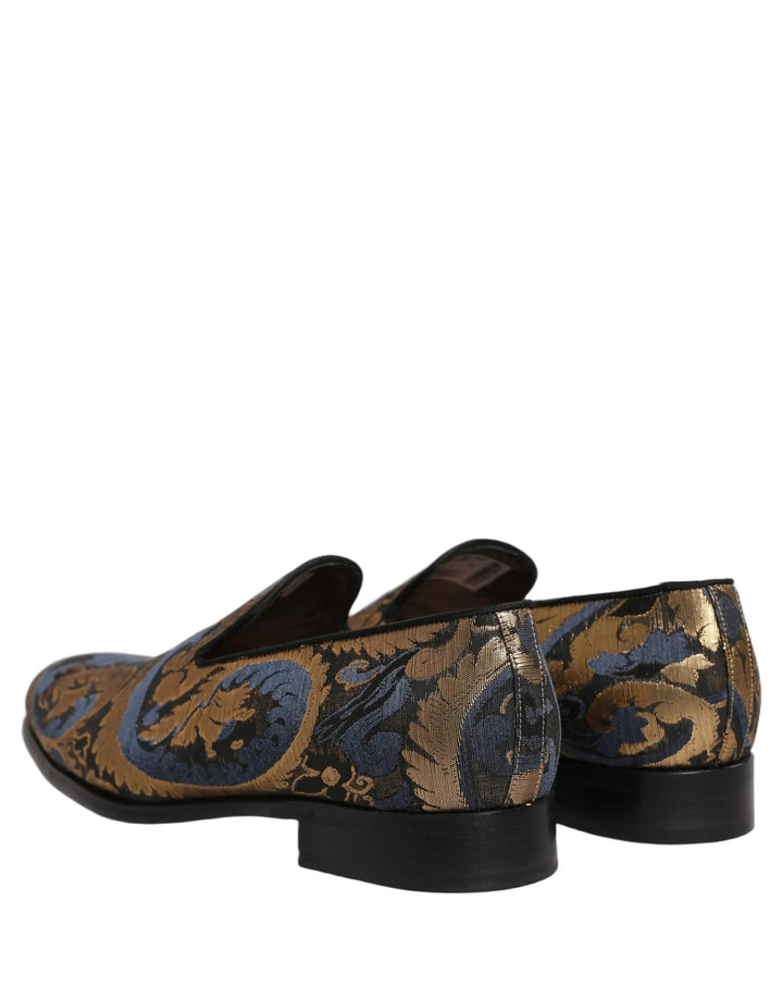 Dolce &amp; Gabbana Blue Brocade Slip On Men Dress Loafers Shoes